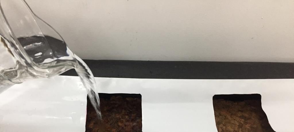 Water being poured into a planting hole of the grow bag